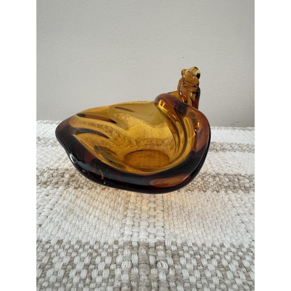 Vintage MCM Blown Art Glass Trinket Candy Dish Gift Amber  Swirl Pattern Basket